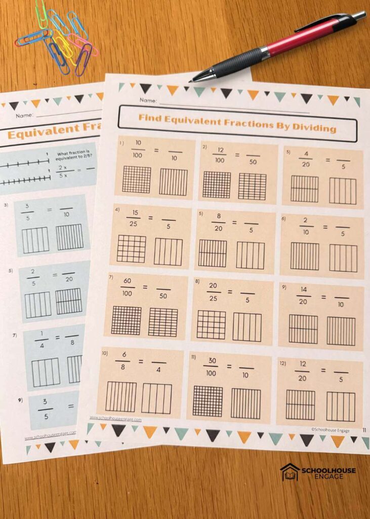 Equivalent fraction visual models worksheets for 5th grade